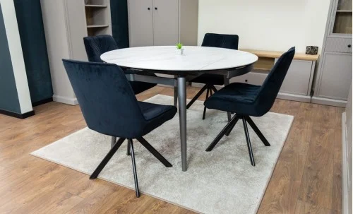 Set Masă Living Extensibilă CT106 Blat Ceramic Alb cu 4 Scaune Tapițate KJC356 Negre