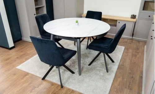 Set Masă Living Extensibilă CT106 Blat Ceramic Alb cu 4 Scaune Tapițate KJC356 Negre