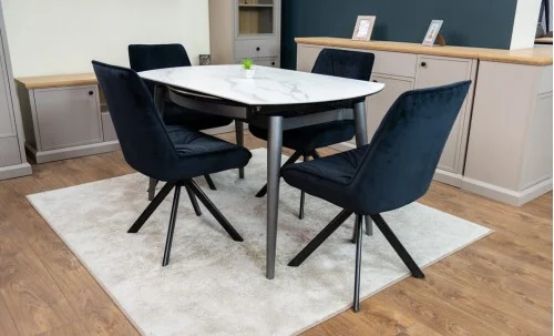 Set Masă Living Extensibilă CT106 Blat Ceramic Alb cu 4 Scaune Tapițate KJC356 Negre