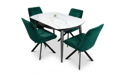 Set Masă Living Extensibilă CT106 Blat Ceramic Alb cu 4 Scaune Tapițate KJC356 Verzi
