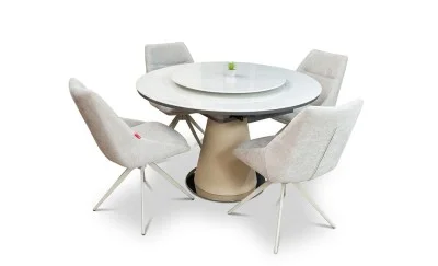 Set Masă Living Extensibilă CT163 Blat Ceramic Alb cu 4 Scaune DCM0108CS Gri Deschis