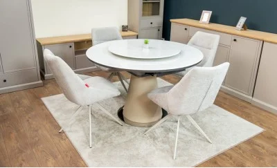 Set Masă Living Extensibilă CT163 Blat Ceramic Alb cu 4 Scaune DCM0108CS Gri Deschis