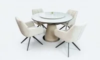 Set Masă Living Extensibilă CT163 Blat Ceramic Alb cu 4 Scaune Rotative DCM0112AS Bej 1