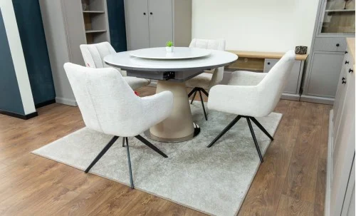 Set Masă Living Extensibilă CT163 Blat Ceramic Alb cu 4 Scaune Rotative DCM0112AS Bej