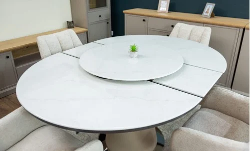 Set Masă Living Extensibilă CT163 Blat Ceramic Alb cu 4 Scaune Rotative DCM0112AS Bej