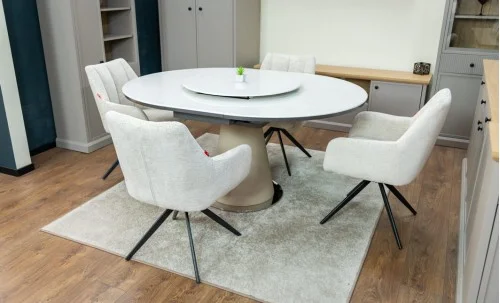 Set Masă Living Extensibilă CT163 Blat Ceramic Alb cu 4 Scaune Rotative DCM0112AS Bej