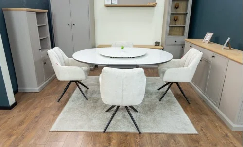 Set Masă Living Extensibilă CT163 Blat Ceramic Alb cu 4 Scaune Rotative DCM0112AS Bej
