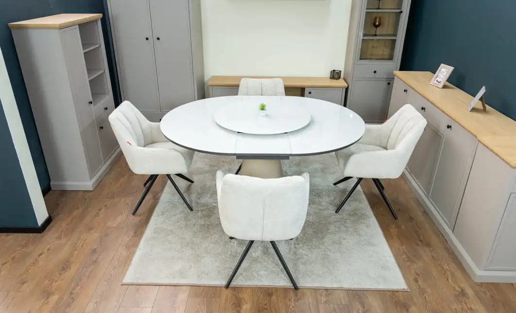 Set Masă Living Extensibilă CT163 Blat Ceramic Alb cu 4 Scaune Rotative DCM0112AS Bej