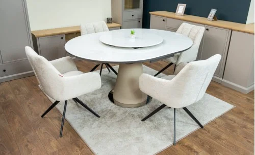 Set Masă Living Extensibilă CT163 Blat Ceramic Alb cu 4 Scaune Rotative DCM0112AS Bej