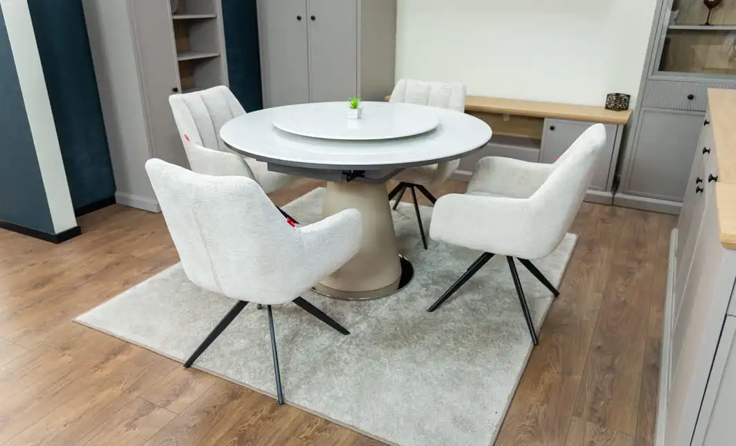 Set Masă Living Extensibilă CT163 Blat Ceramic Alb cu 4 Scaune Rotative DCM0112AS Bej 8