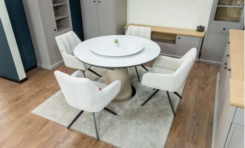 Set Masă Living Extensibilă CT163 Blat Ceramic Alb cu 4 Scaune Rotative DCM0112AS Bej
