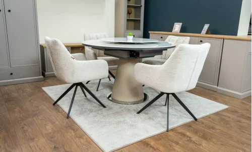 Set Masă Living Extensibilă CT163 Blat Ceramic Alb cu 4 Scaune Rotative DCM0112AS Bej