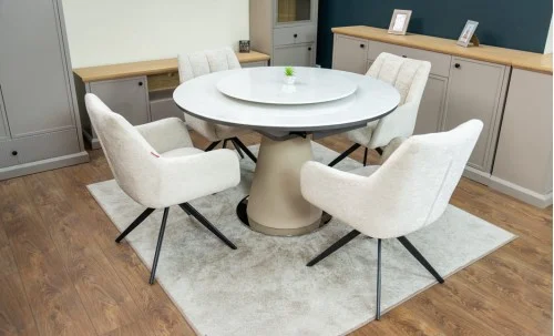 Set Masă Living Extensibilă CT163 Blat Ceramic Alb cu 4 Scaune Rotative DCM0112AS Bej