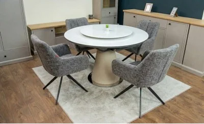 Set Masă Living Extensibilă CT163 Blat Ceramic Alb cu 4 Scaune Rotative DCM0112AS Gri Deschis