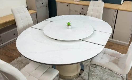 Set Masă Living Extensibilă CT163 Blat Ceramic Alb cu 4 Scaune Tapițate F630 Bej