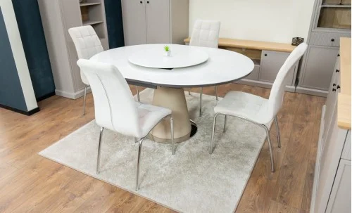 Set Masă Living Extensibilă CT163 Blat Ceramic Alb cu 4 Scaune Tapițate F630 Bej