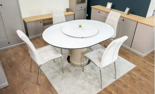 Set Masă Living Extensibilă CT163 Blat Ceramic Alb cu 4 Scaune Tapițate F630 Bej
