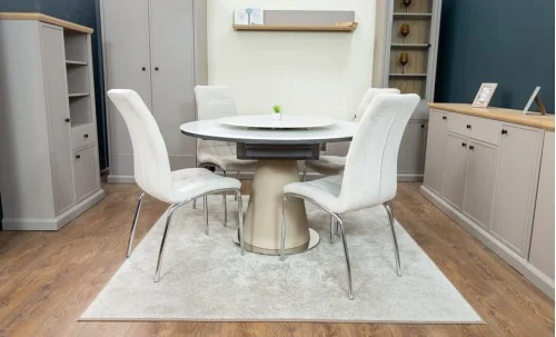 Set Masă Living Extensibilă CT163 Blat Ceramic Alb cu 4 Scaune Tapițate F630 Bej