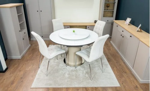 Set Masă Living Extensibilă CT163 Blat Ceramic Alb cu 4 Scaune Tapițate F630 Bej