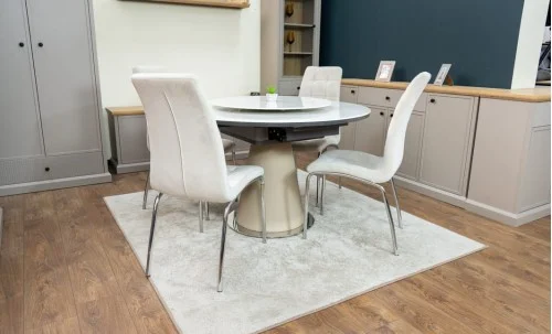 Set Masă Living Extensibilă CT163 Blat Ceramic Alb cu 4 Scaune Tapițate F630 Bej
