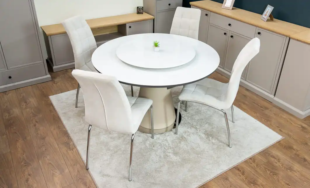 Set Masă Living Extensibilă CT163 Blat Ceramic Alb cu 4 Scaune Tapițate F630 Bej 2