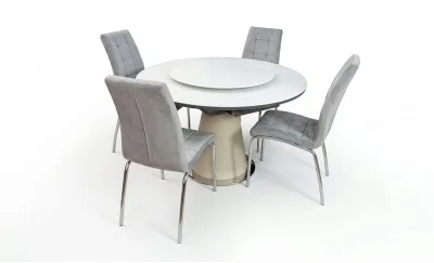 Set Masă Living Extensibilă CT163 Blat Ceramic Alb cu 4 Scaune Tapițate F630 Gri