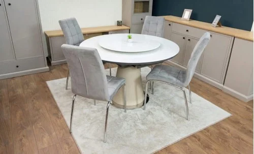 Set Masă Living Extensibilă CT163 Blat Ceramic Alb cu 4 Scaune Tapițate F630 Gri