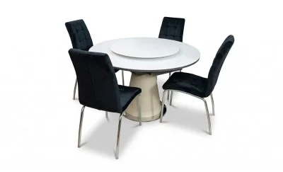Set Masă Living Extensibilă CT163 Blat Ceramic Alb cu 4 Scaune Tapițate F630 Negre