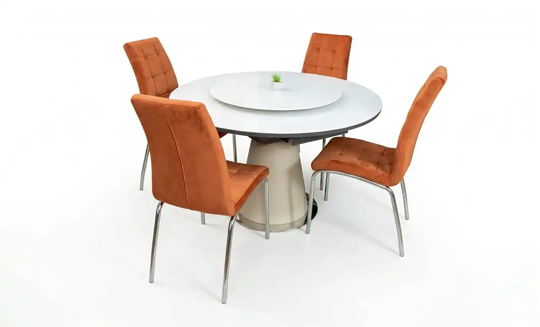 Set Masă Living Extensibilă CT163 Blat Ceramic Alb cu 4 Scaune Tapițate F630 Portocalii 1