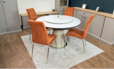 Set Masă Living Extensibilă CT163 Blat Ceramic Alb cu 4 Scaune Tapițate F630 Portocalii