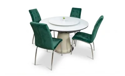 Set Masă Living Extensibilă CT163 Blat Ceramic Alb cu 4 Scaune Tapițate F630 Verzi