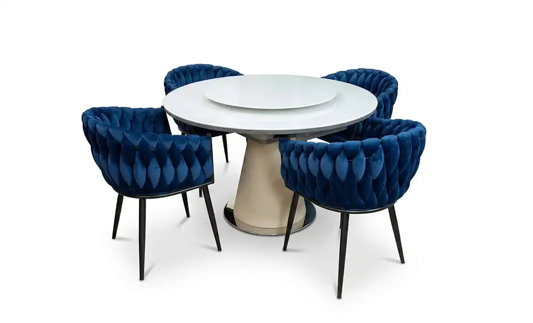 Set Masă Living Extensibilă CT163 Blat Ceramic Alb cu 4 Scaune KJC11 Albastre 1