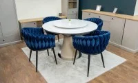 Set Masă Living Extensibilă CT163 Blat Ceramic Alb cu 4 Scaune KJC11 Albastre