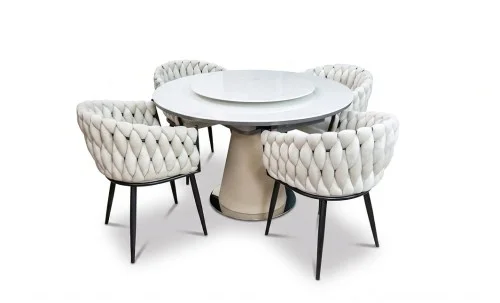 Set Masă Living Extensibilă CT163 Blat Ceramic Alb cu 4 Scaune KJC11 Bej