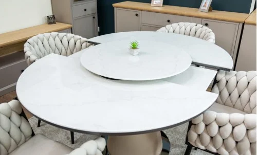 Set Masă Living Extensibilă CT163 Blat Ceramic Alb cu 4 Scaune KJC11 Bej