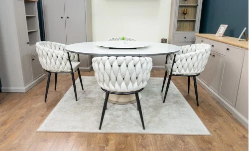 Set Masă Living Extensibilă CT163 Blat Ceramic Alb cu 4 Scaune KJC11 Bej