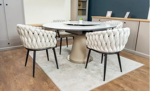 Set Masă Living Extensibilă CT163 Blat Ceramic Alb cu 4 Scaune KJC11 Bej