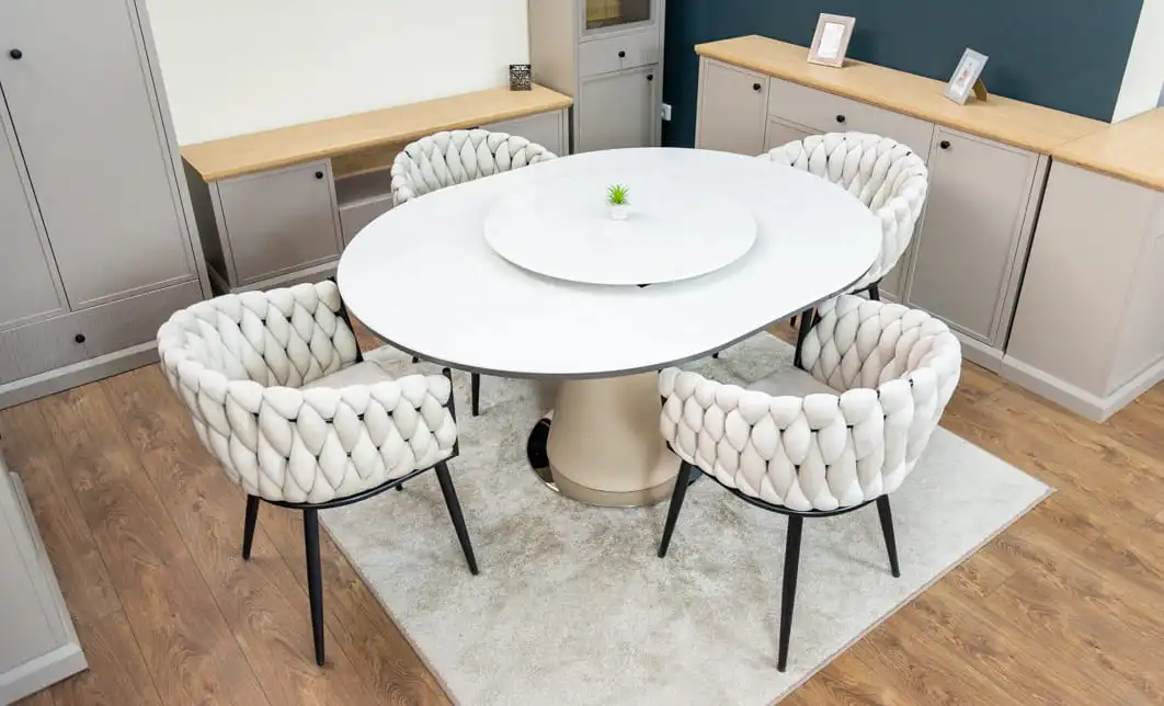 Set Masă Living Extensibilă CT163 Blat Ceramic Alb cu 4 Scaune KJC11 Bej 7