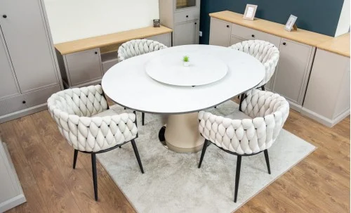 Set Masă Living Extensibilă CT163 Blat Ceramic Alb cu 4 Scaune KJC11 Bej