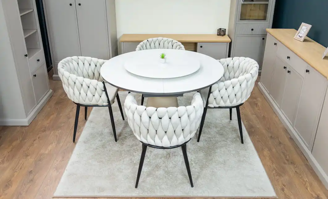Set Masă Living Extensibilă CT163 Blat Ceramic Alb cu 4 Scaune KJC11 Bej 4