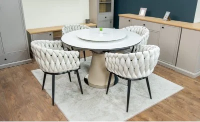 Set Masă Living Extensibilă CT163 Blat Ceramic Alb cu 4 Scaune KJC11 Bej