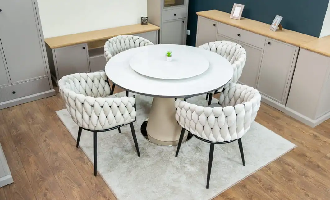 Set Masă Living Extensibilă CT163 Blat Ceramic Alb cu 4 Scaune KJC11 Bej 2