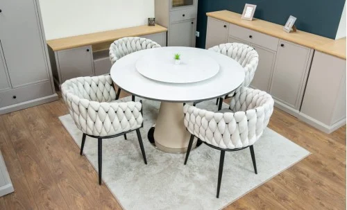 Set Masă Living Extensibilă CT163 Blat Ceramic Alb cu 4 Scaune KJC11 Bej
