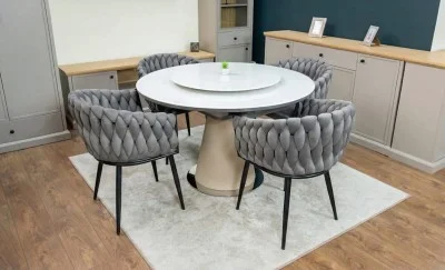 Set Masă Living Extensibilă CT163 Blat Ceramic Alb cu 4 Scaune KJC11 Gri