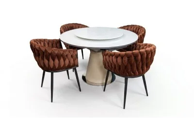 Set Masă Living Extensibilă CT163 Blat Ceramic Alb cu 4 Scaune KJC11 Maro