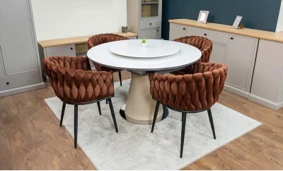 Set Masă Living Extensibilă CT163 Blat Ceramic Alb cu 4 Scaune KJC11 Maro
