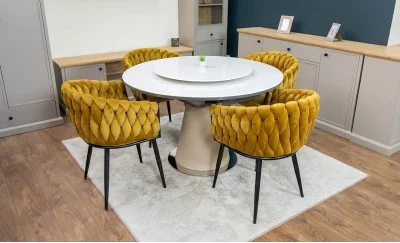 Set Masă Living Extensibilă CT163 Blat Ceramic Alb cu 4 Scaune KJC11 Muștar