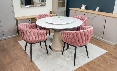 Set Masă Living Extensibilă CT163 Blat Ceramic Alb cu 4 Scaune KJC11 Roz