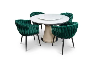 Set Masă Living Extensibilă CT163 Blat Ceramic Alb cu 4 Scaune KJC11 Verzi