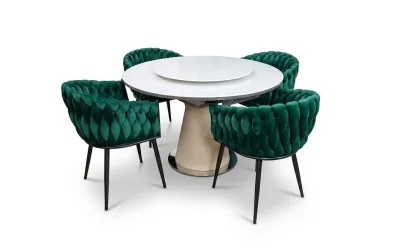 Set Masă Living Extensibilă CT163 Blat Ceramic Alb cu 4 Scaune KJC11 Verzi